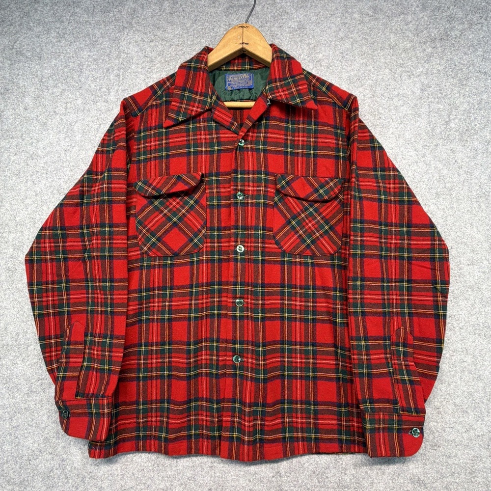 Vintage Pendleton Board Shirt Men Medium Wool Plaid Loop Camp Collar Made In USA